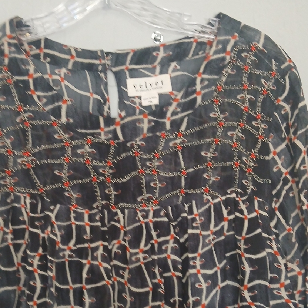 Velvet Black and White Blouse with Red Accents